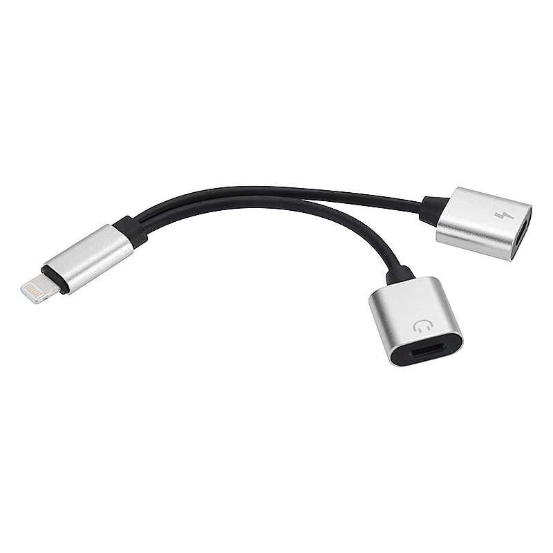 Adaptor 2in1 iPhone, iPad, Lightning, casti si charger, splitter, negru / argintiu, BBL028